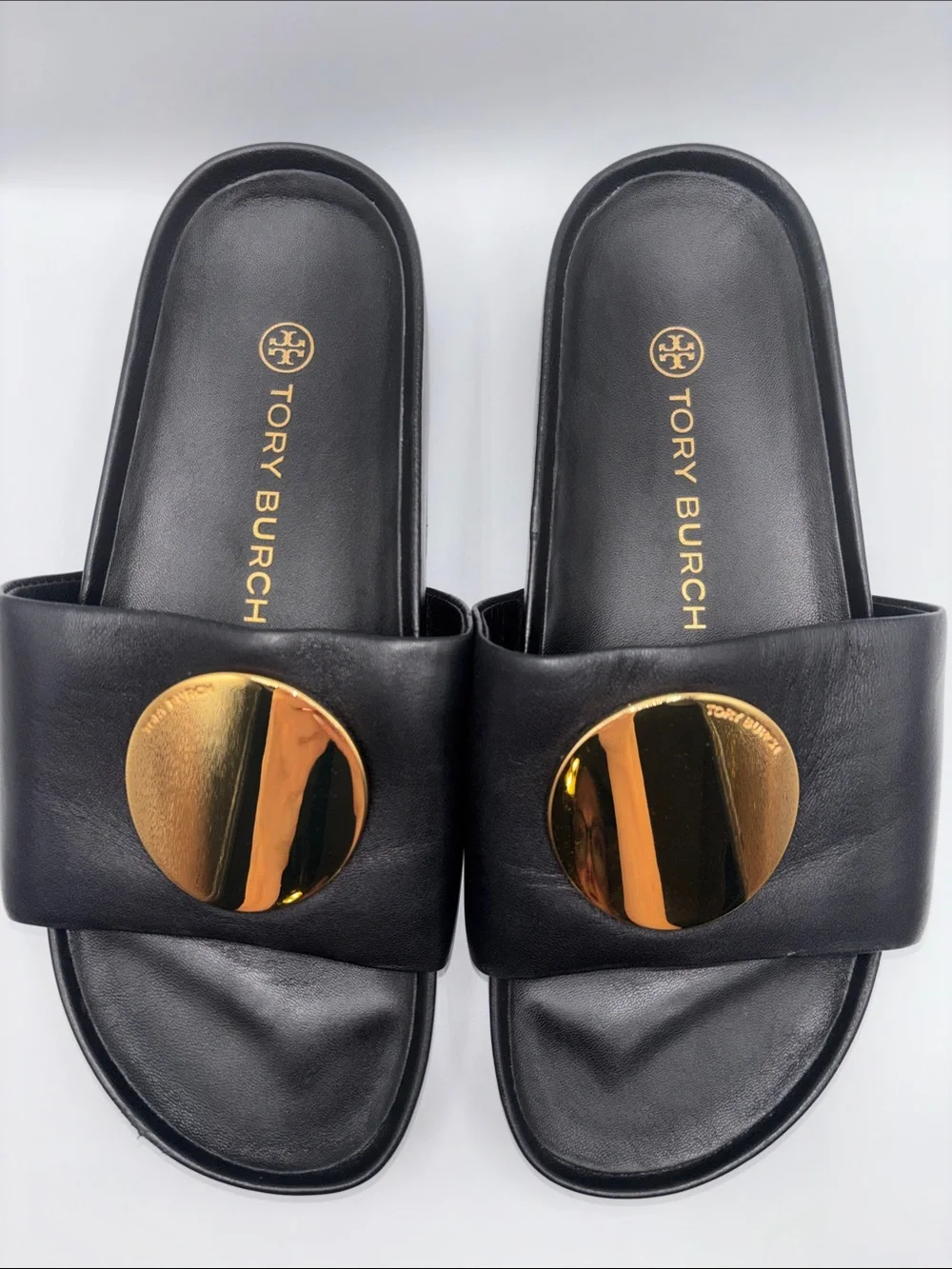 Tory Burch Black Leather Slide Sandals with Large Gold Discs